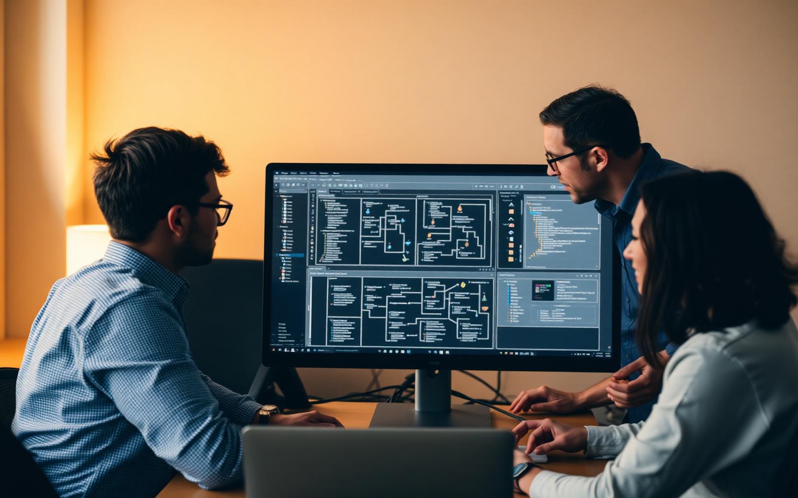 Two engineers reviewing a software architecture diagram on a large monitor