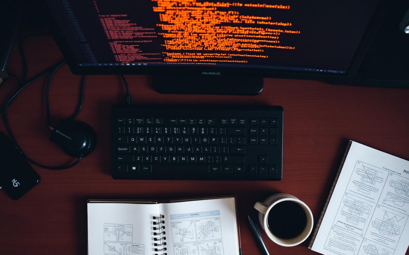 Overhead view of a developer workspace with keyboard, notebook, and code on a monitor